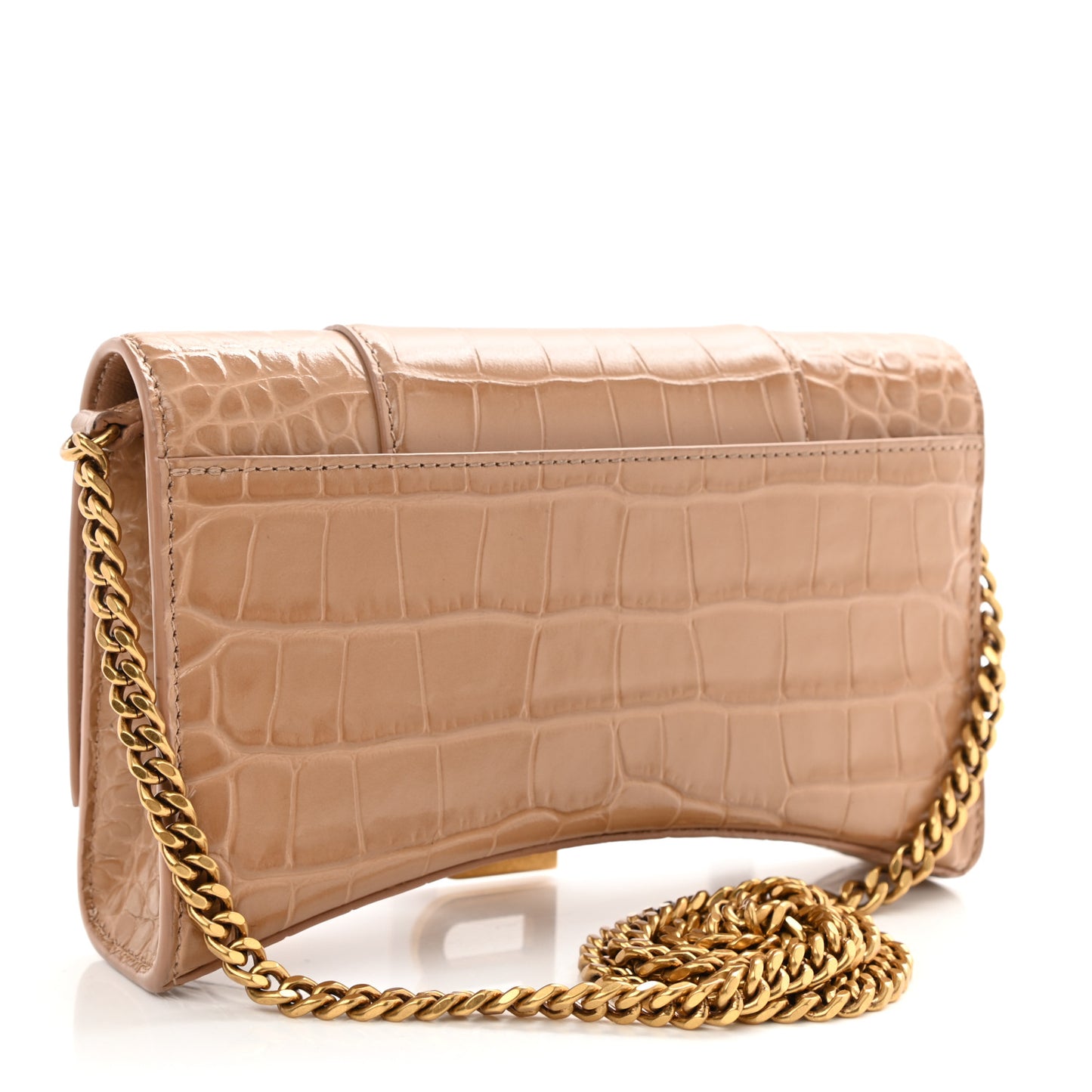 Shiny Calfskin Crocodile Embossed Hourglass Chain Bag Nude Beige