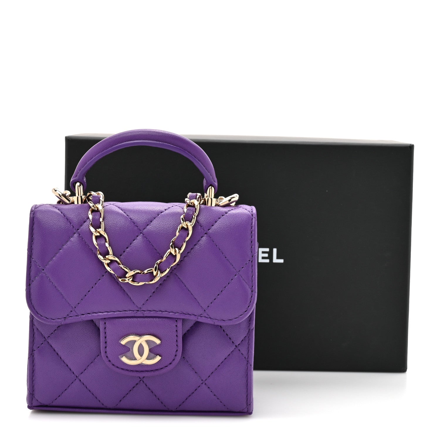 Chanel Lambskin Quilted Top Handle Flap Clutch With Chain Purple 13 of 13