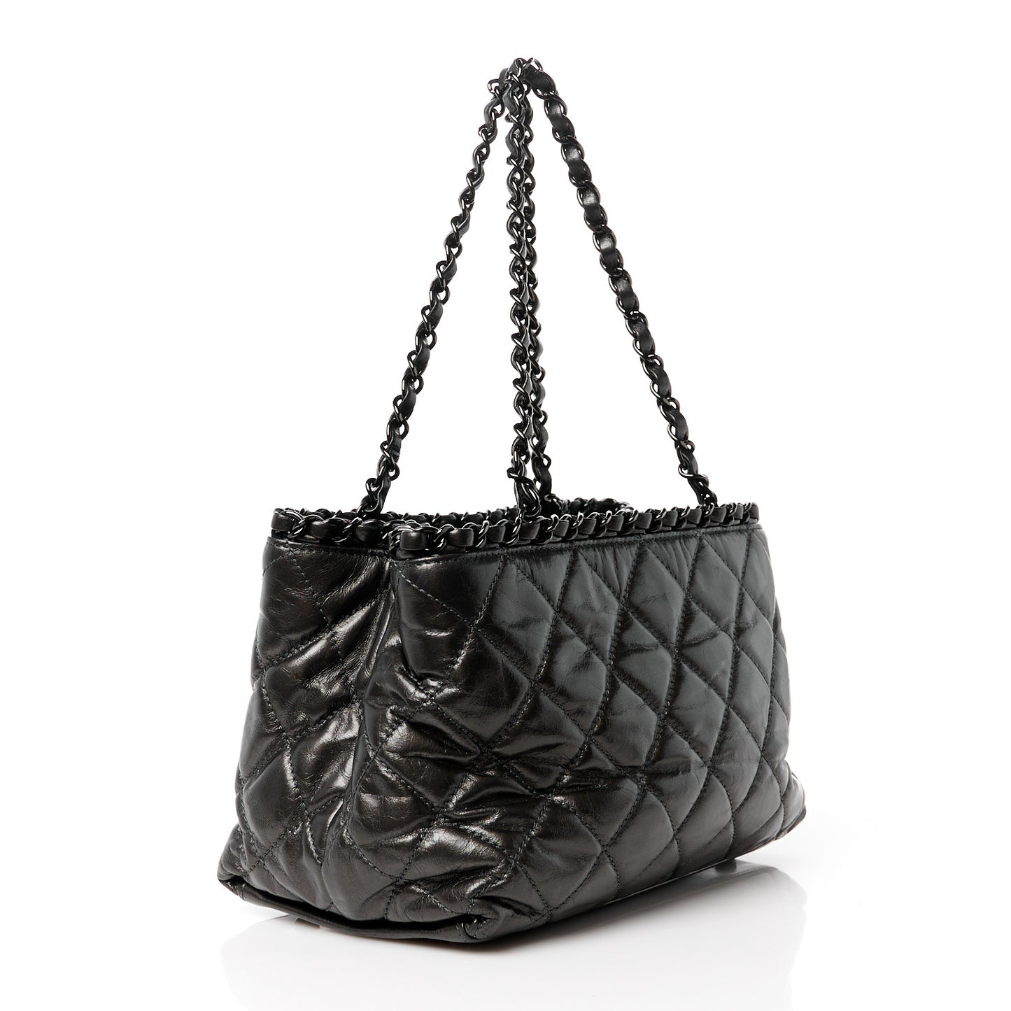 Metallic Aged Calfskin Quilted Small Chain Me Tote Silver