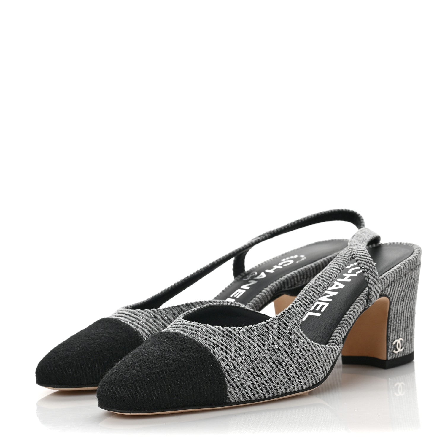 Chanel Tweed Cap Toe CC Slingback Pumps 35 Black Grey 3 of 7