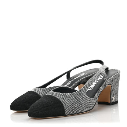 Chanel Tweed Cap Toe CC Slingback Pumps 35 Black Grey 3 of 7