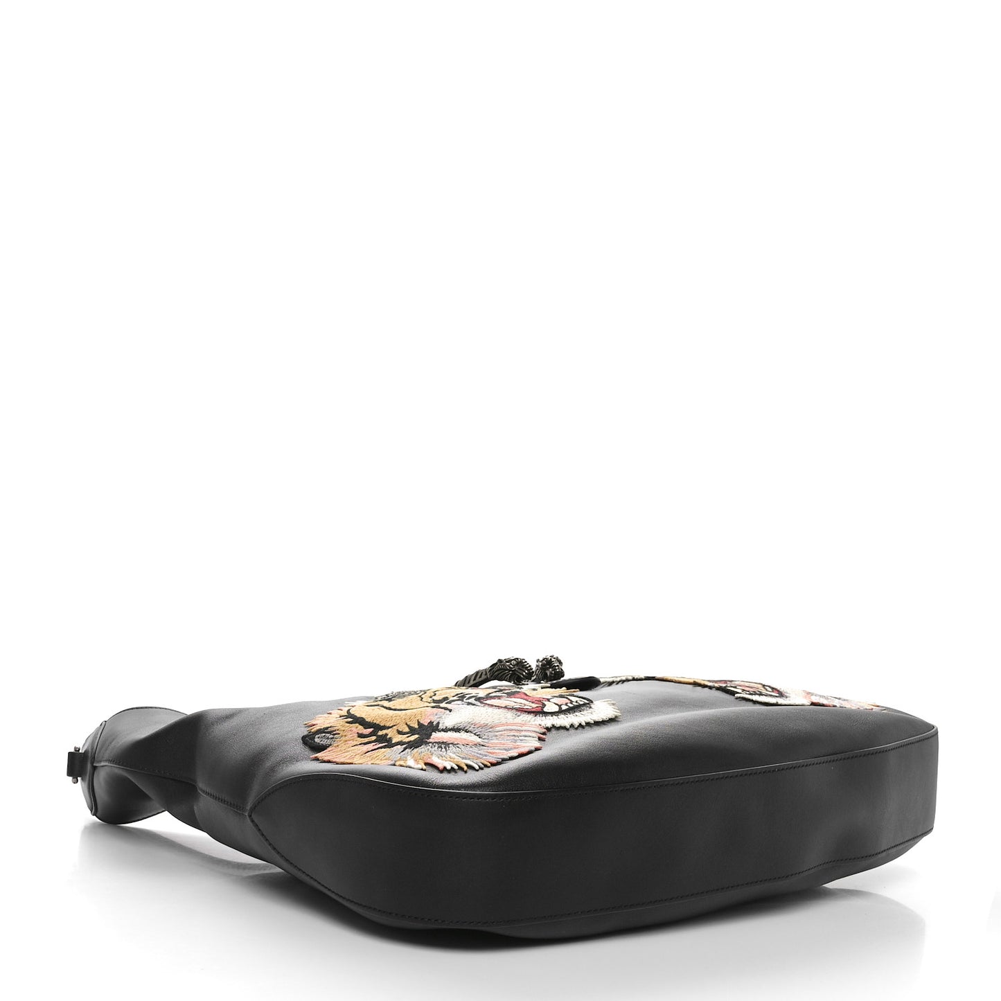 Calfskin Web Tiger Embroidered Large Dionysus Hobo Black