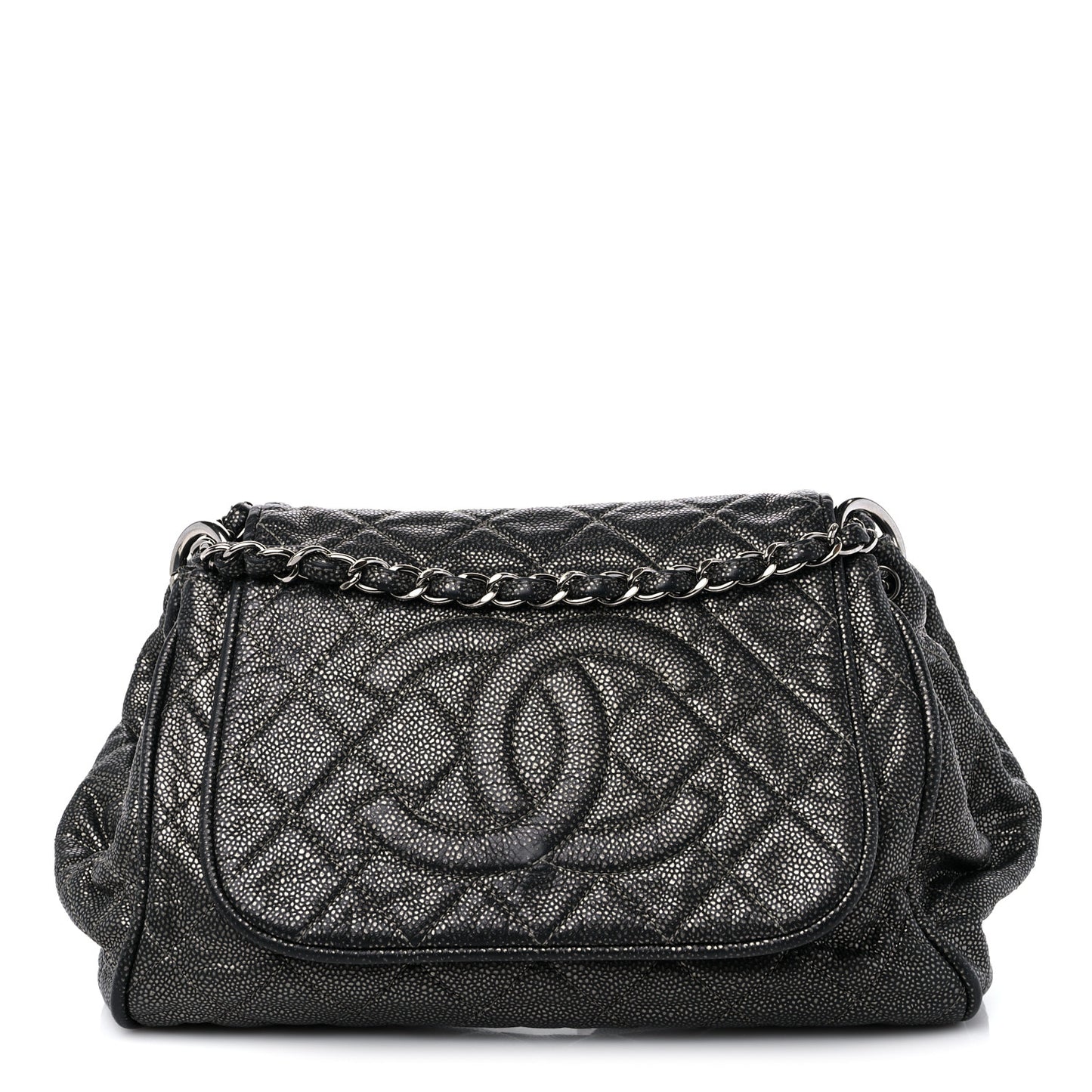 Metallic Caviar Quilted Timeless Accordion Flap Dark Silver
