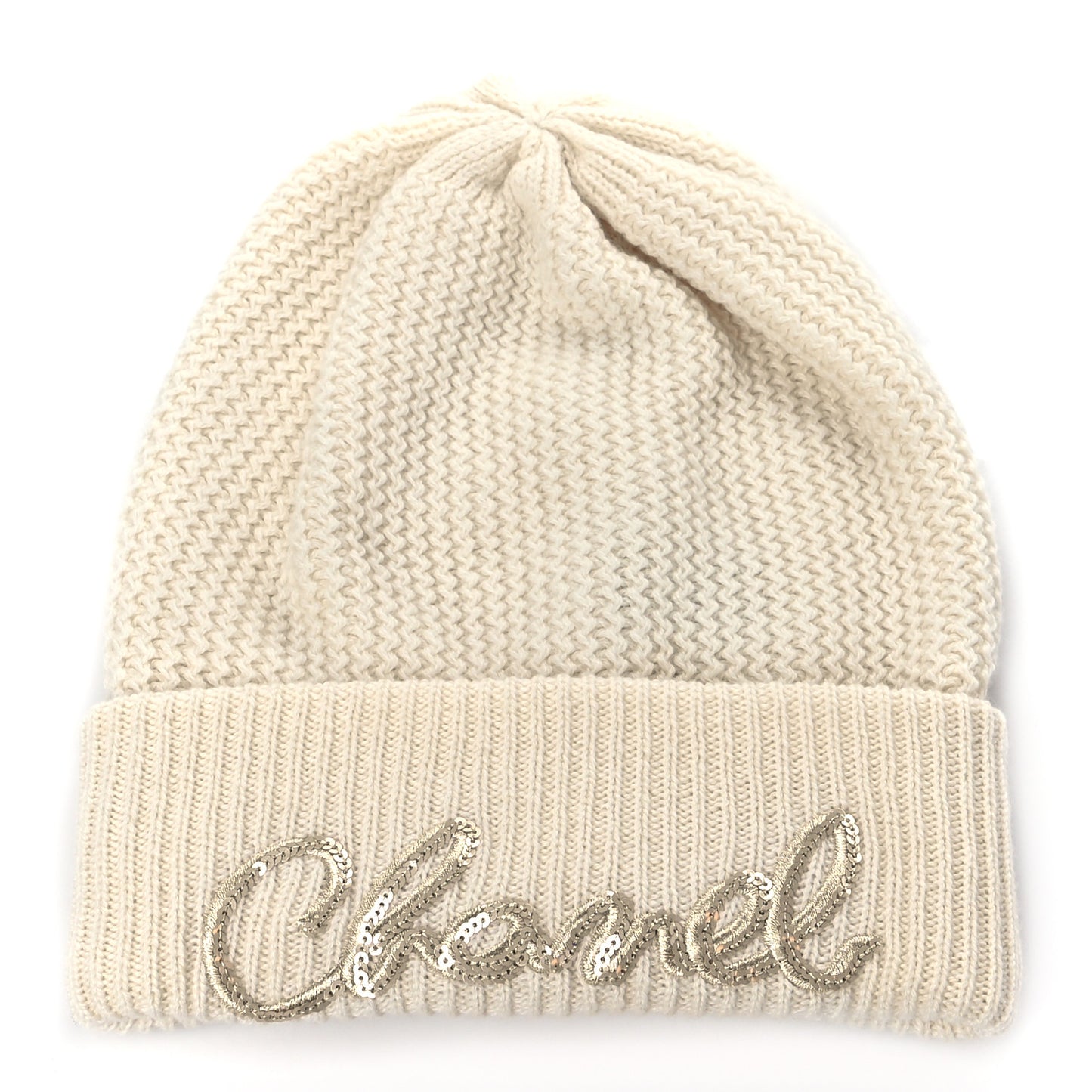 Cashmere Sequin Logo Beanie Hat Ivory Gold