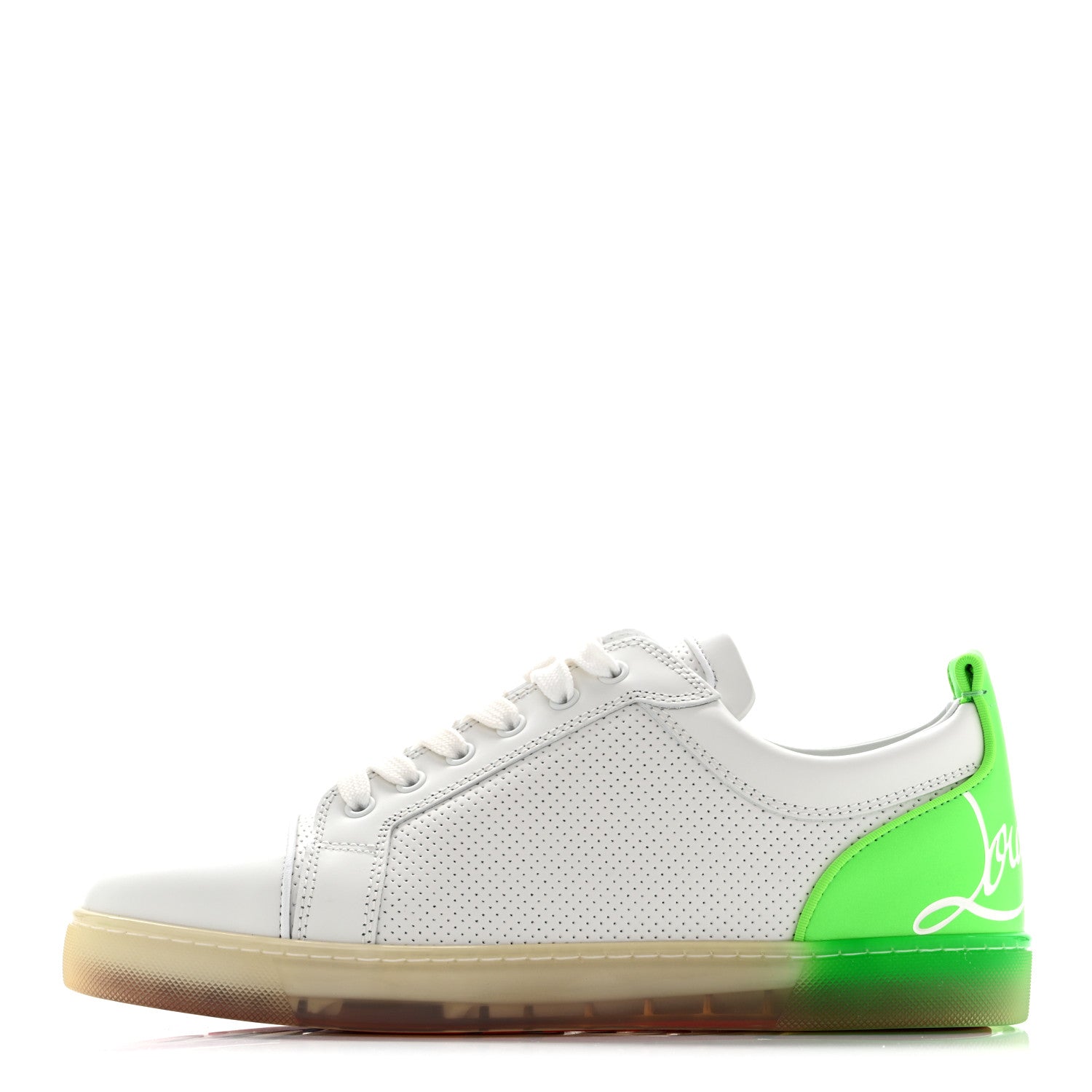 Christian Louboutin Calfskin Perforated Mens Fun Louis Junior Flat Sneakers  41.5 White Fluo Green 1 of 10
