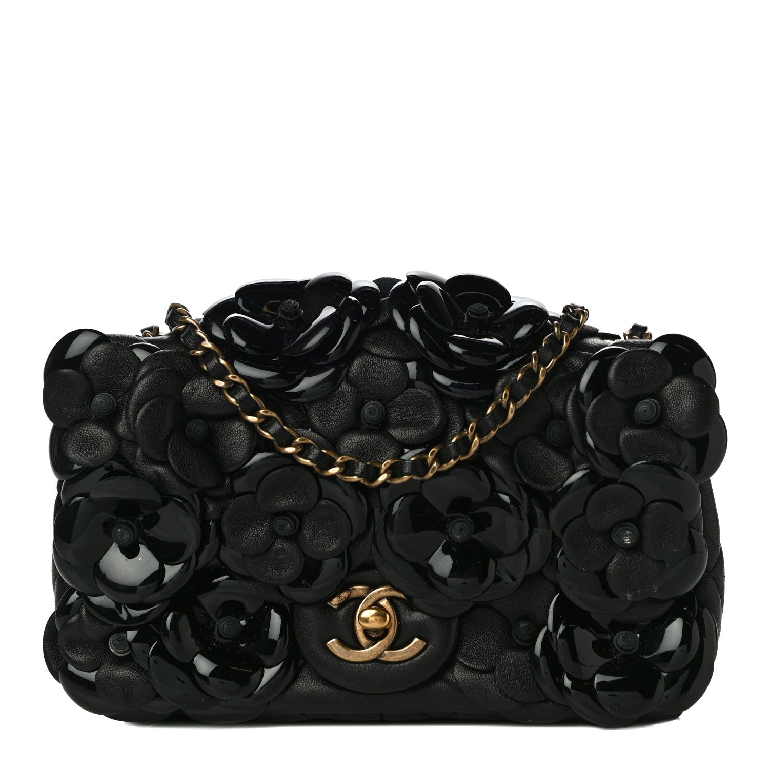 Chanel Lambskin Patent Mini Camellia Flap Black 1 of 9