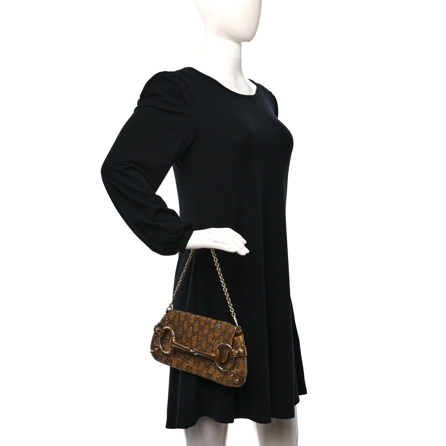 Gucci Monogram Beaded Metallic Calfskin Small Horsebit Chain Clutch Gold 2 of 9
