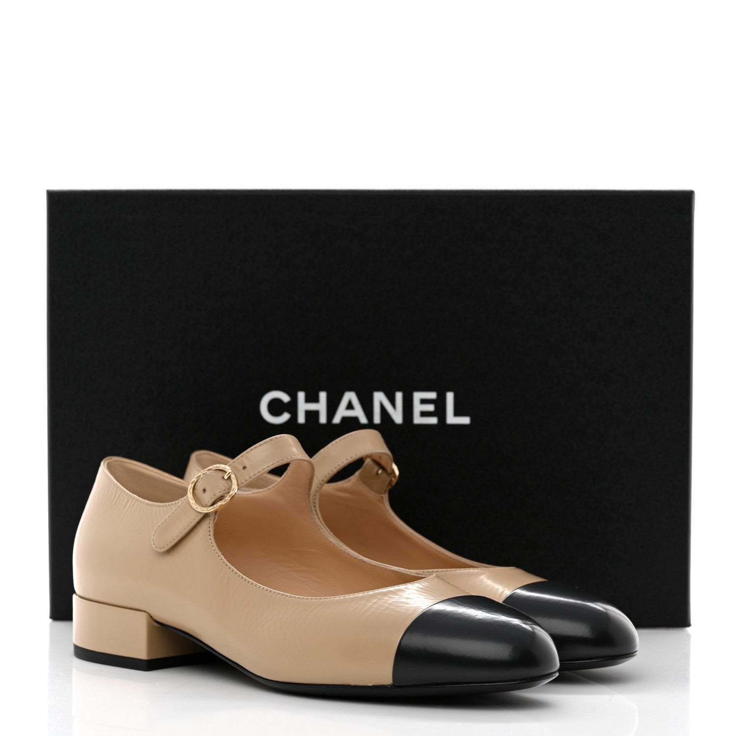 Chanel Shiny Calfskin Cap Toe Mary Jane Low Heel Strap Pumps 37 Beige Black 9 of 9