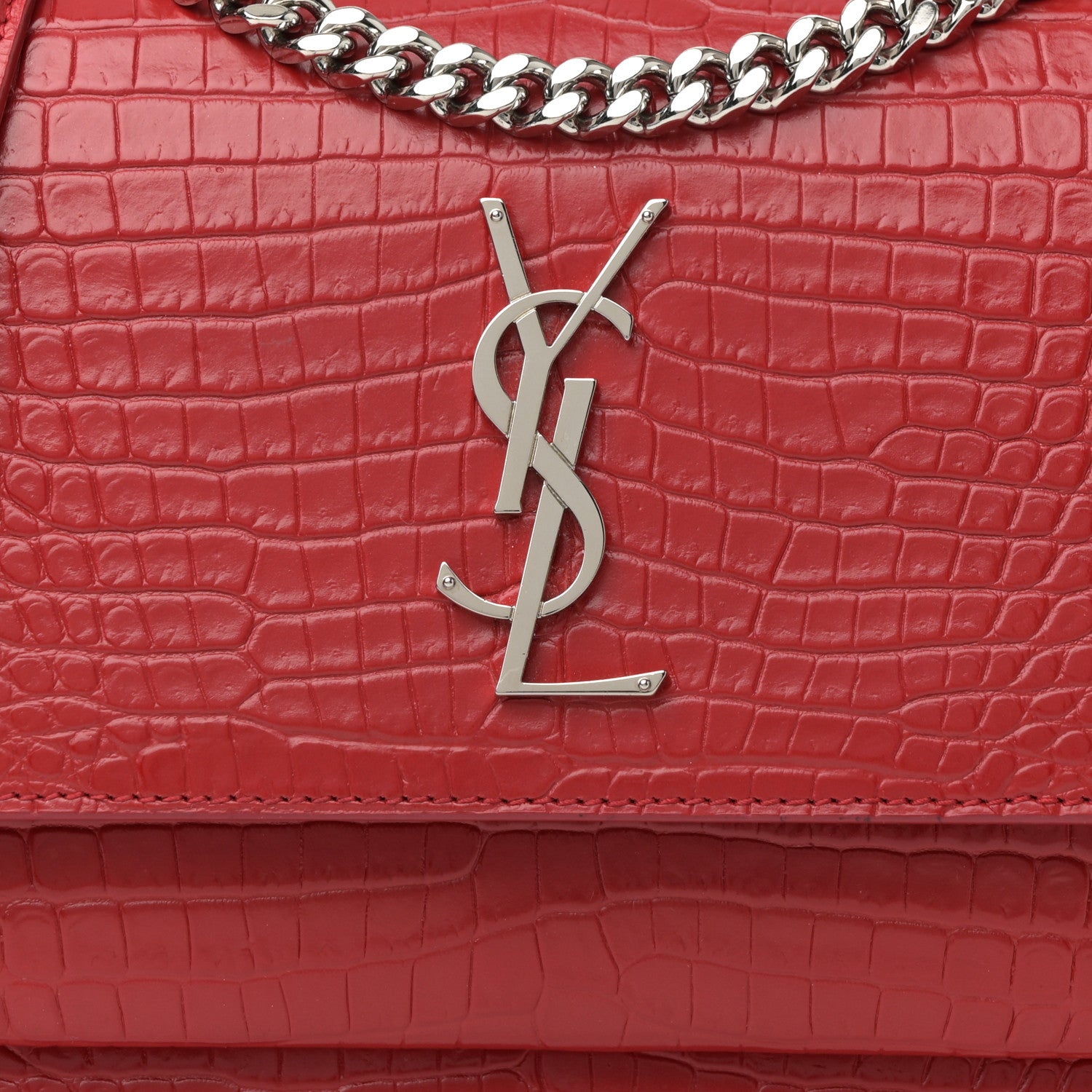 Saint Laurent Calfskin Crocodile Embossed Medium Monogram Sunset Rouge Eros 8 of 10