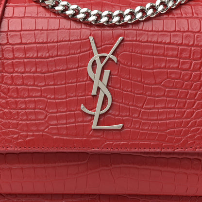 Saint Laurent Calfskin Crocodile Embossed Medium Monogram Sunset Rouge Eros 8 of 10