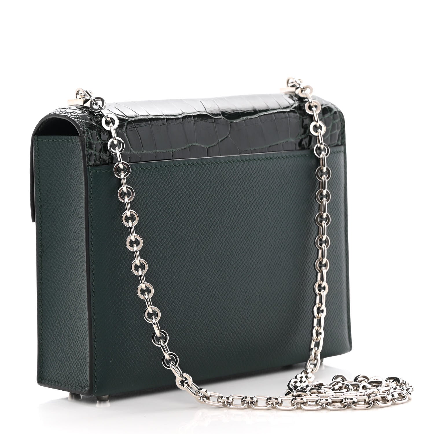 Hermes Epsom Shiny Alligator Lizard Chevre Mini Verrou Chaine Bag Vert Cypress Black 3 of 12