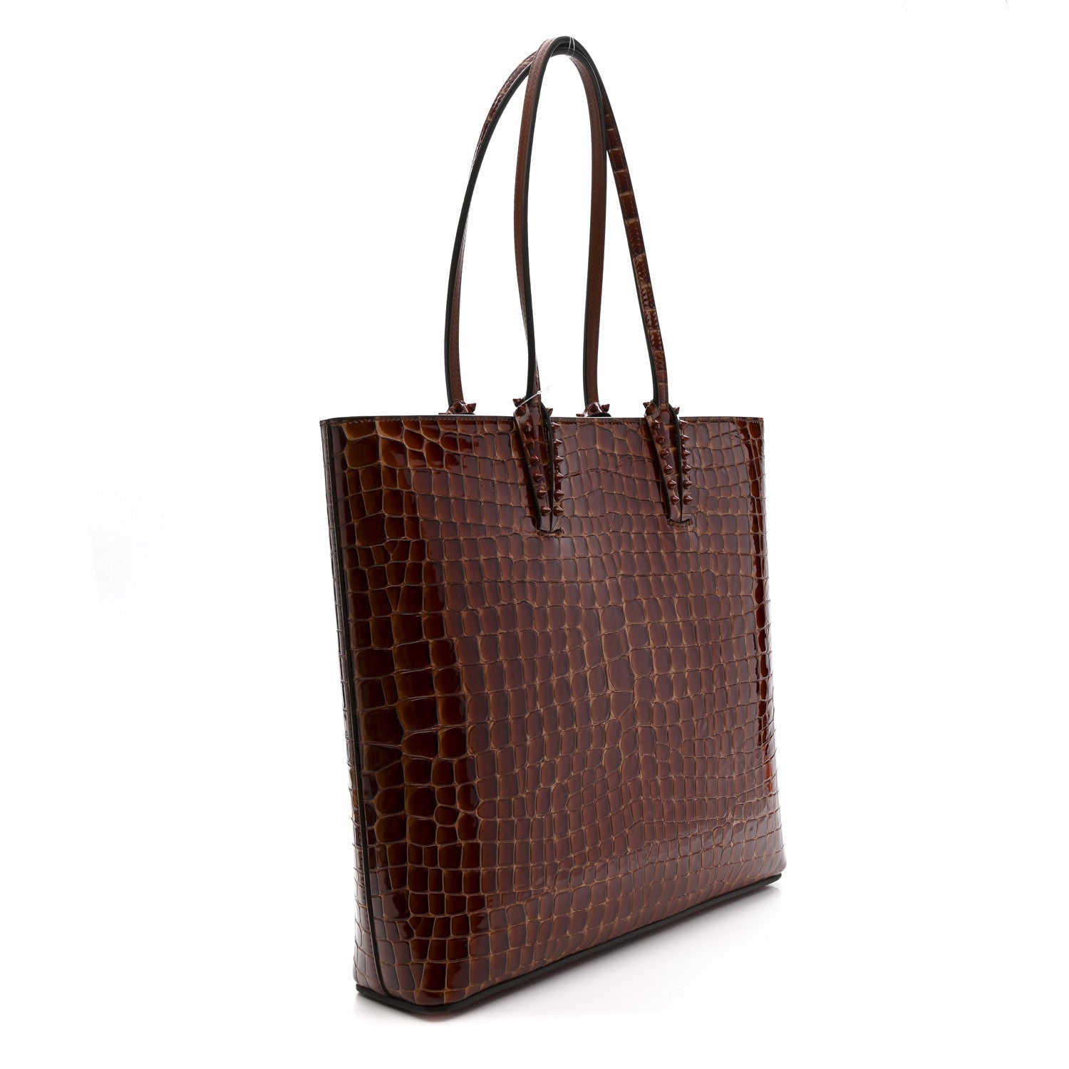 Christian Louboutin Patent Calfskin Crocodile Embossed Spikes Zipped Cabata Tote Acajou 3 of 10