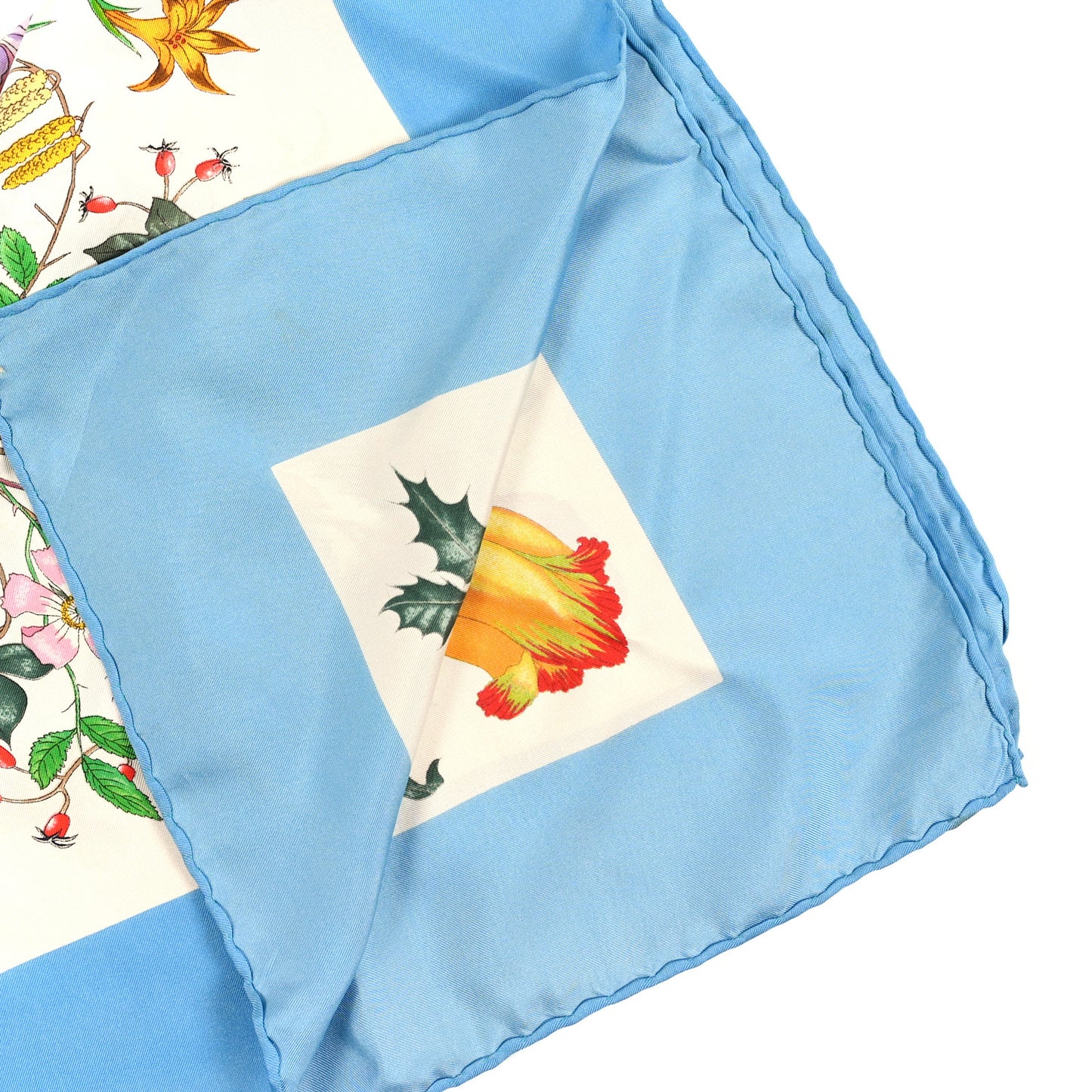 Silk Twill Flora Fluo Square Scarf Ivory Blue