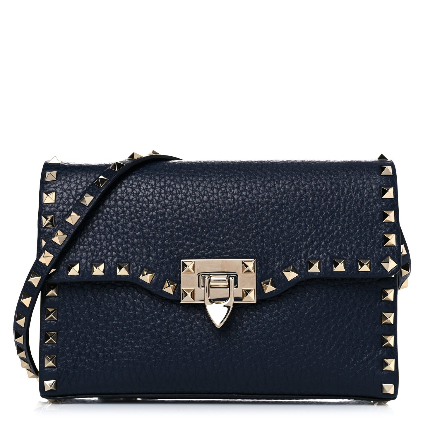 Pebbled Calfskin Medium Rockstud Flip Lock Crossbody Bag Navy