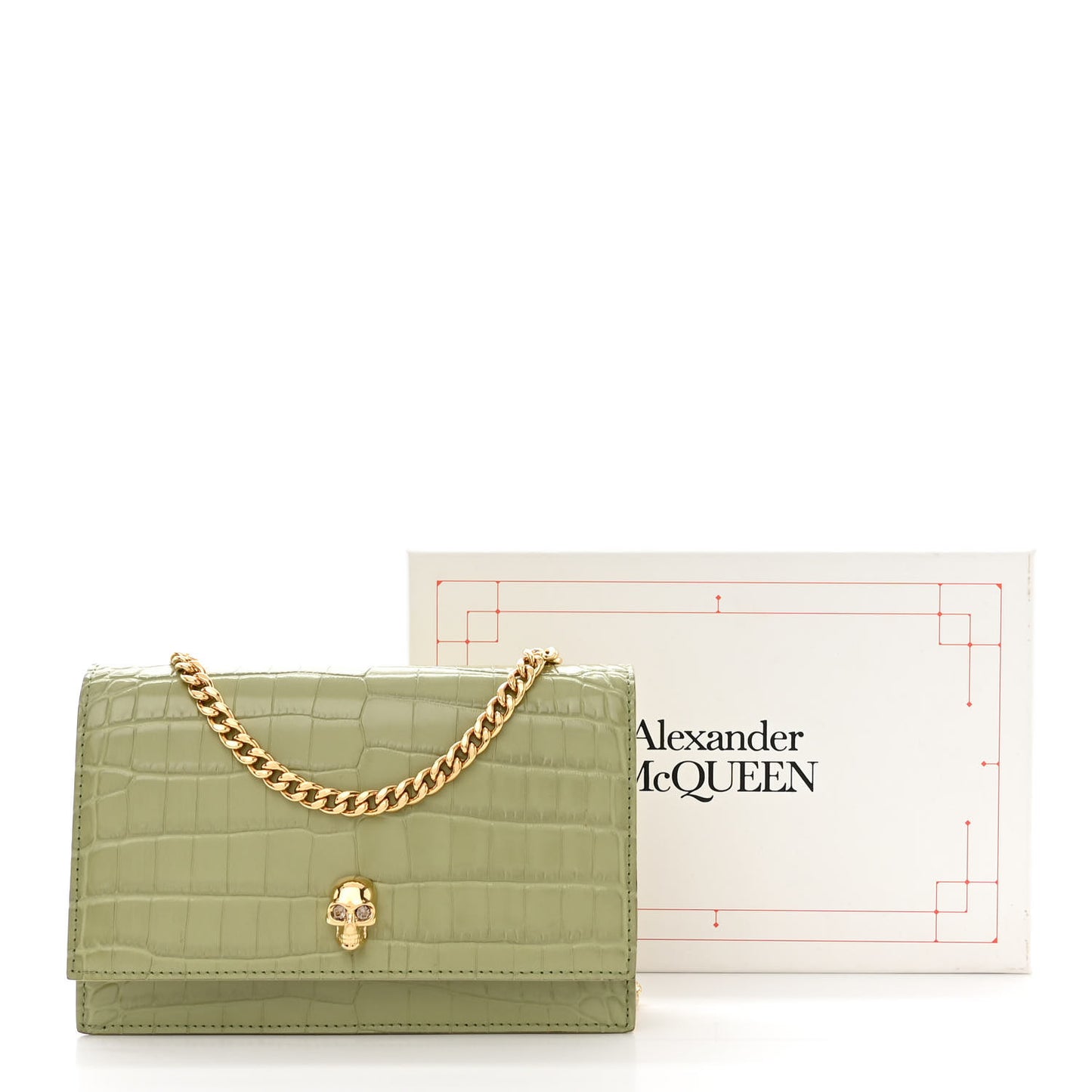Calfskin Crocodile Embossed Skull Mini Crossbody Bag Sage