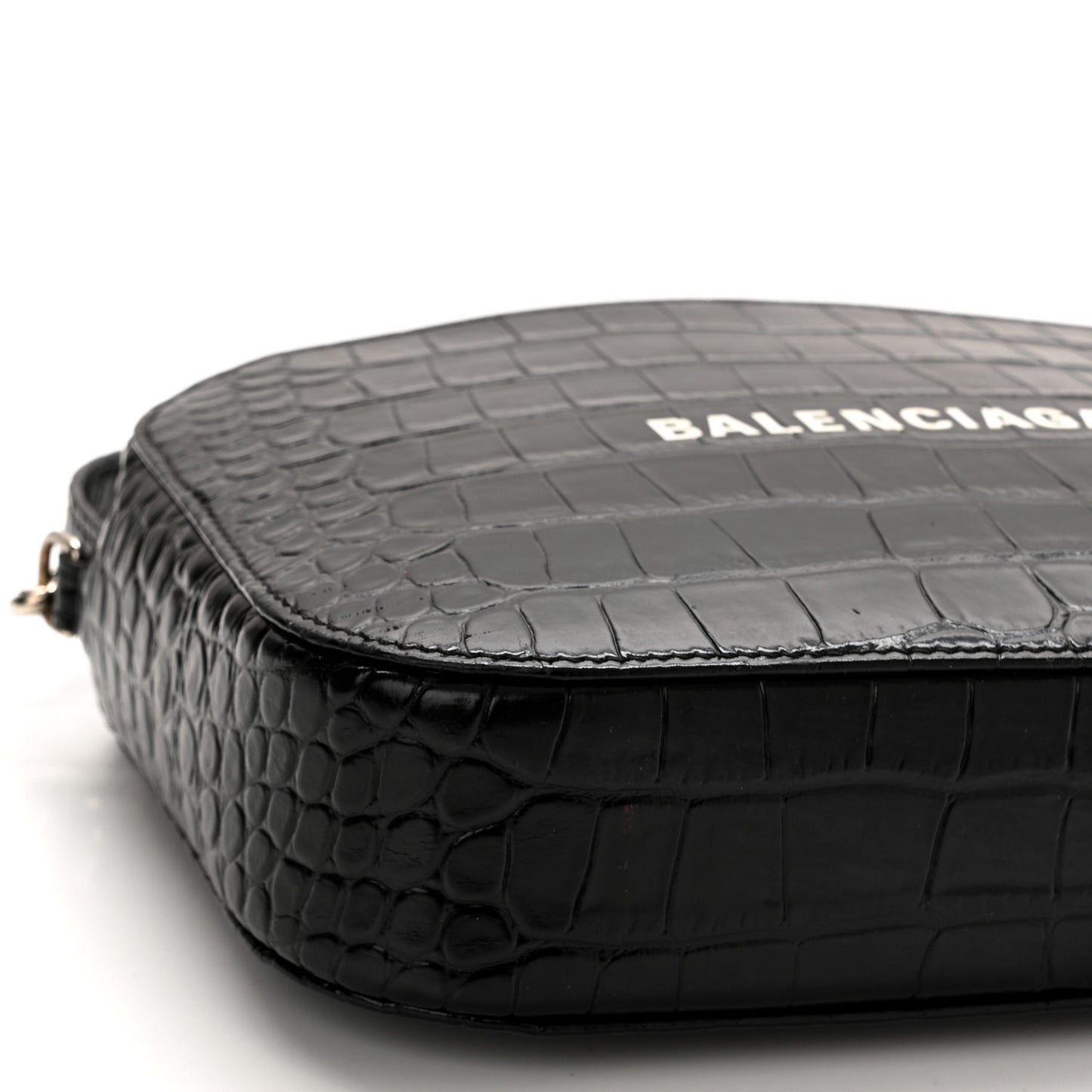 Shiny Calfskin Logo Crocodile Embossed S Everyday Camera Bag with Handle Black
