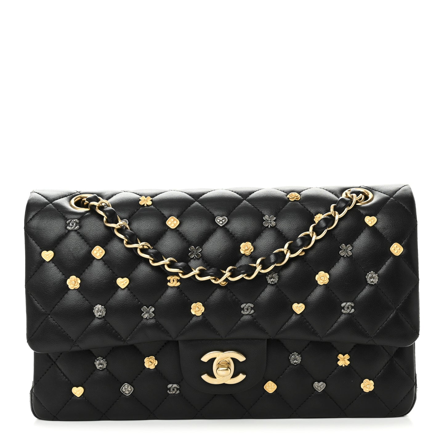 Lambskin Quilted Studded Medium Double Flap Black