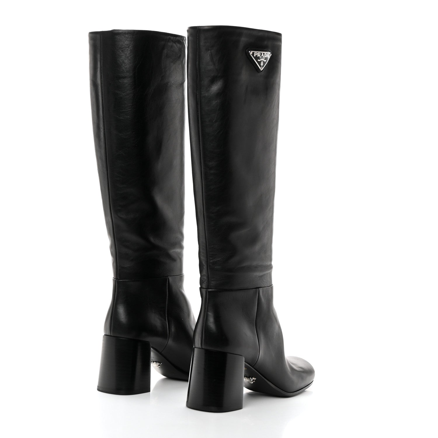 Prada Vitello Metal Triangle Logo Block Heel 65mm Knee Boots 39 Black 4 of 7