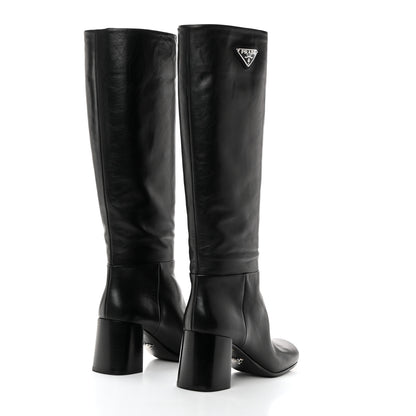 Prada Vitello Metal Triangle Logo Block Heel 65mm Knee Boots 39 Black 4 of 7