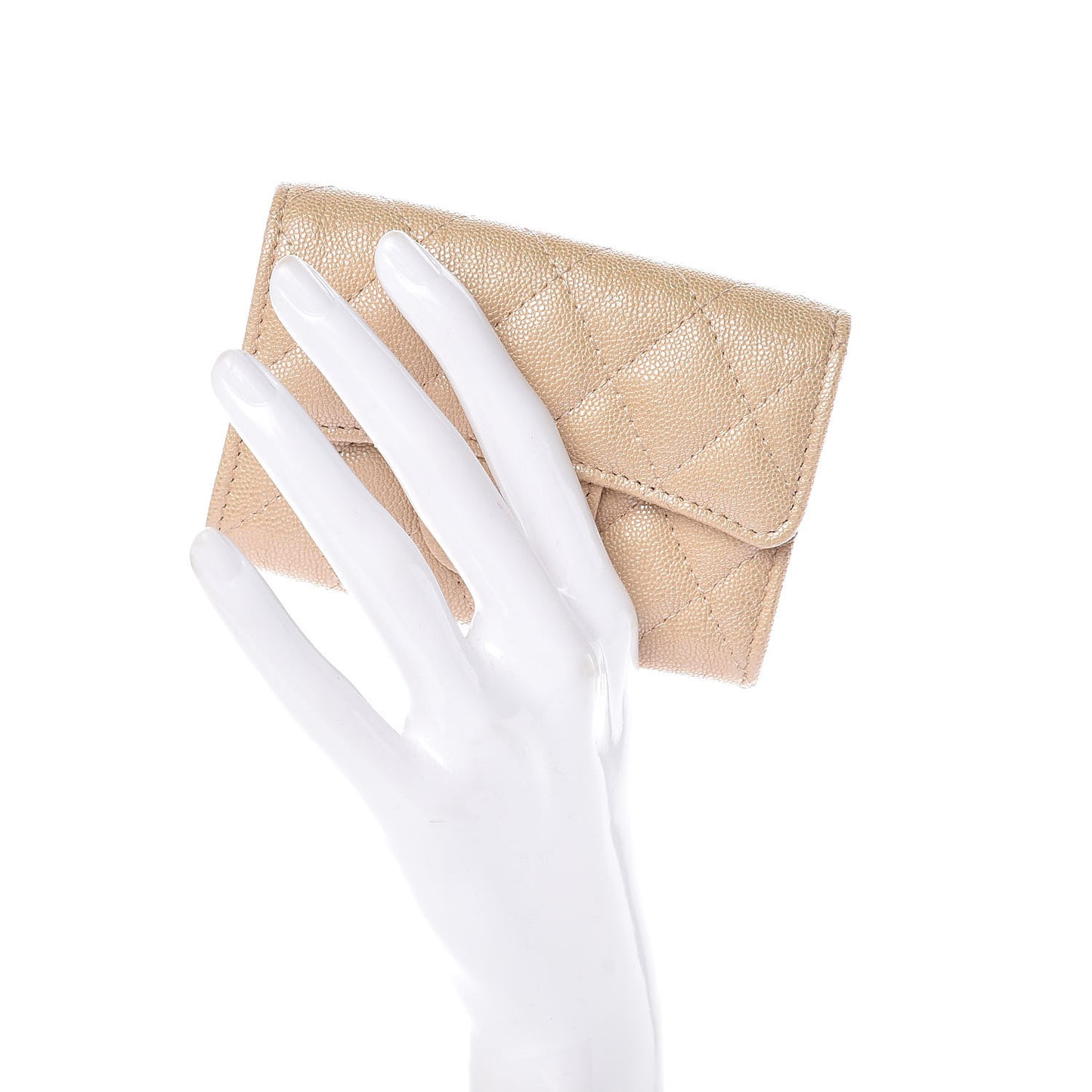 Iridescent Caviar Quilted Flap Card Holder Beige