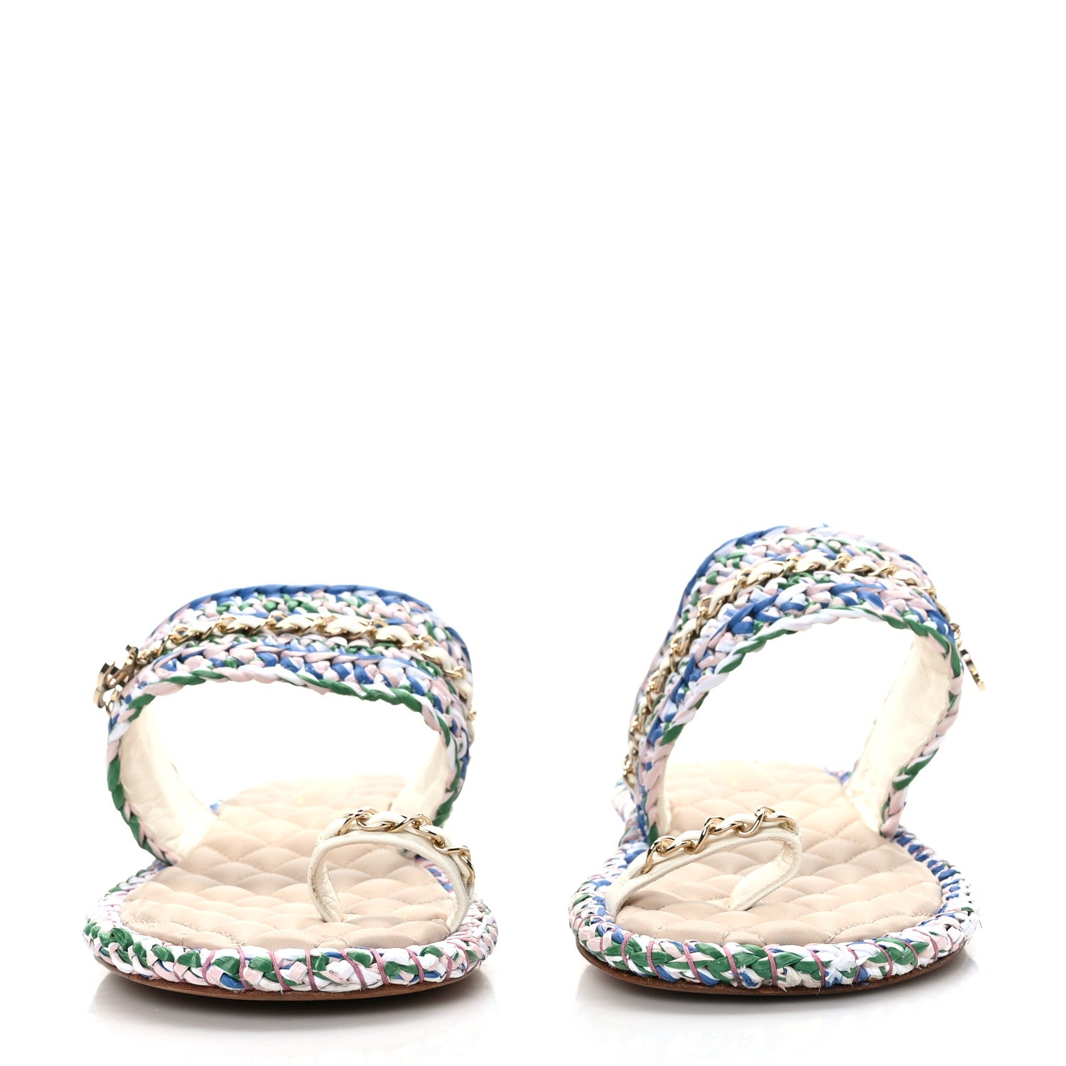 Chanel Raffia Lambskin Woven Chain CC Toe Ring Sandals 41 Blue Pink 2 of 8