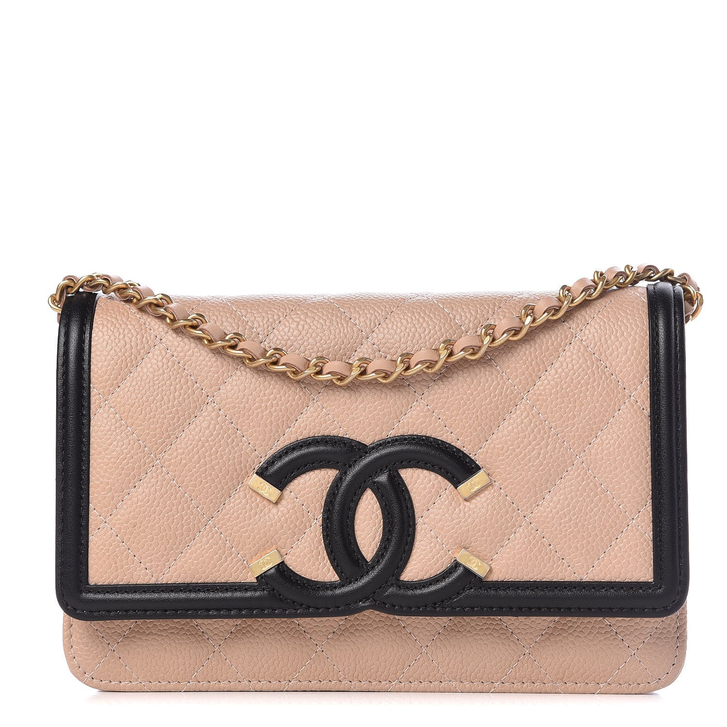 Chanel Caviar Quilted CC Filigree Wallet On Chain WOC Beige Black 1 of 11