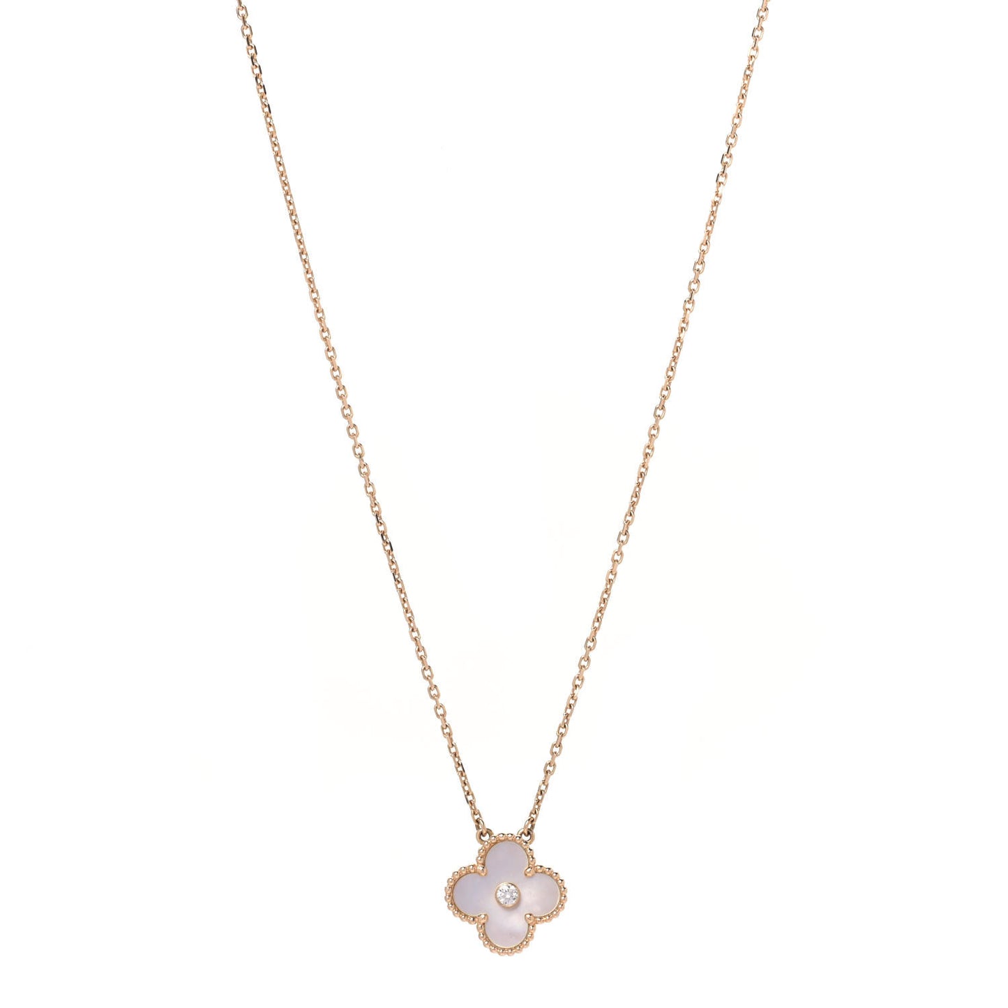 18K Rose Gold Diamond Mother of Pearl Vintage Alhambra Pendant Necklace