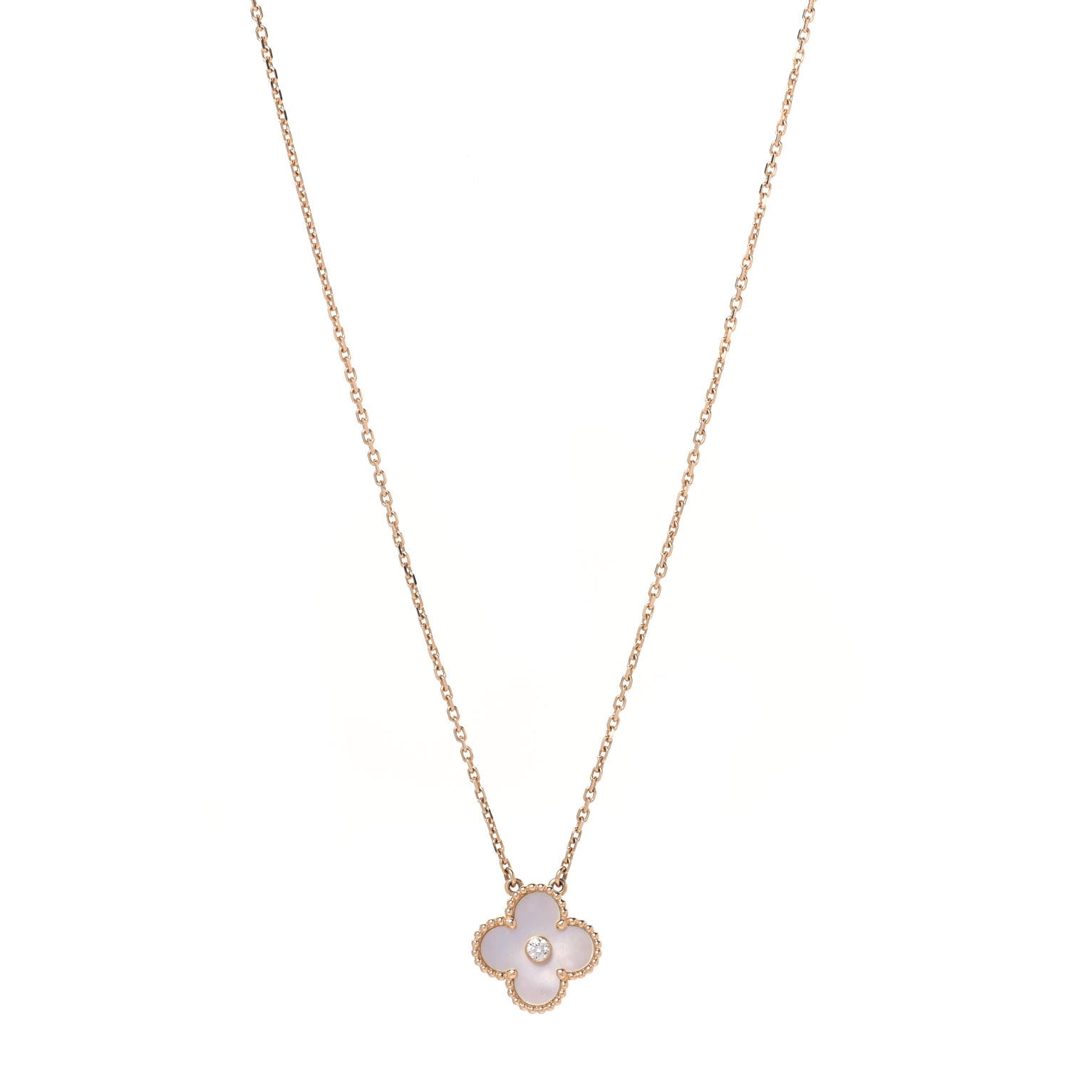 Van Cleef & Arpels 18K Rose Gold Diamond Mother of Pearl Vintage Alhambra Pendant Necklace 1 of 5