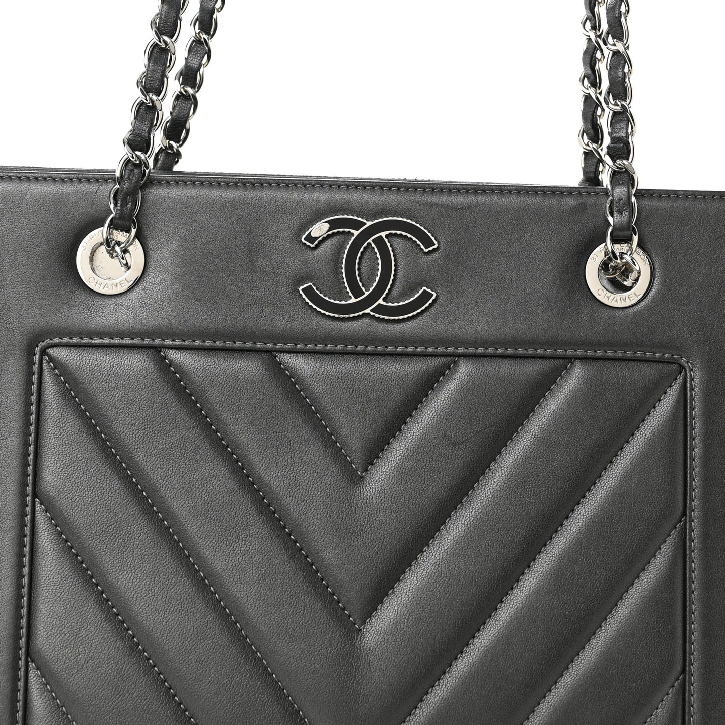 Sheepskin Chevron Quilted Mademoiselle Vintage Shopping Tote Dark Grey