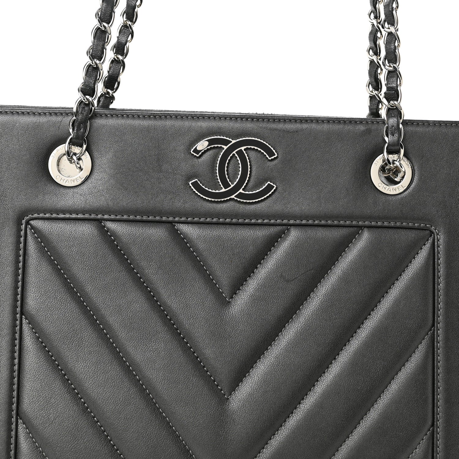 Chanel Sheepskin Chevron Quilted Mademoiselle Vintage Shopping Tote Dark Grey 7 of 11