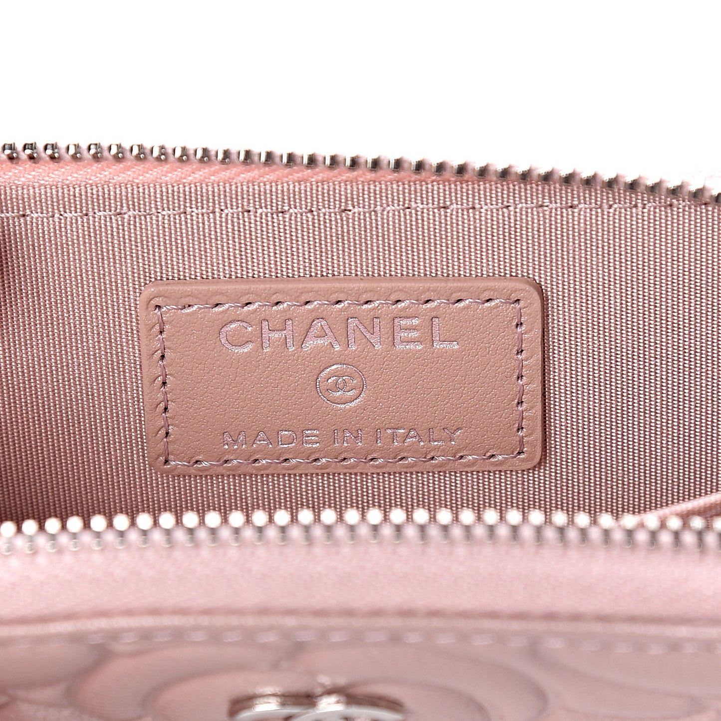 Goatskin Camellia Embossed Zip Coin Purse Light Pink