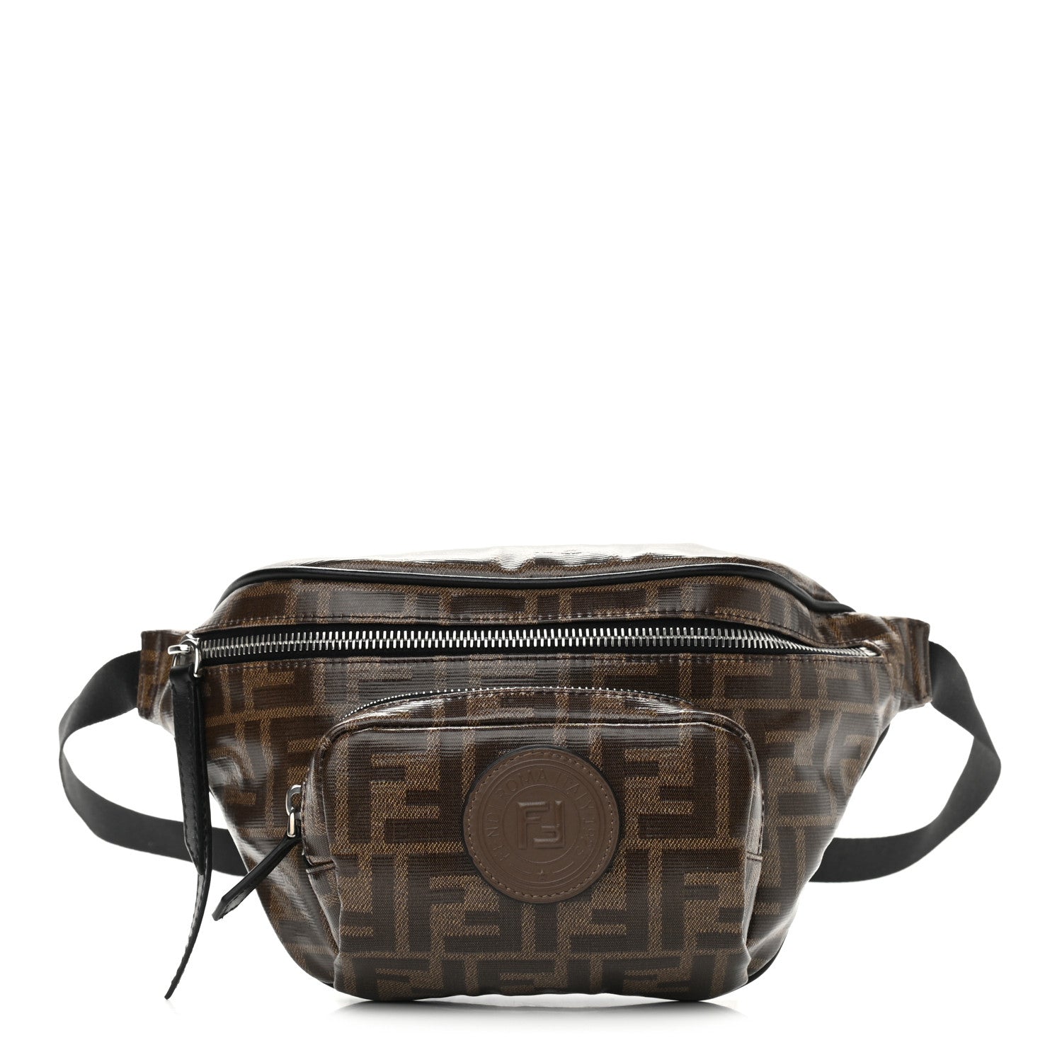 Fendi Glazed Fabric Vitello Century FF 1974 Stamp Patch Mens Pocket Belt Bag Mogano Panna Black 1 of 9