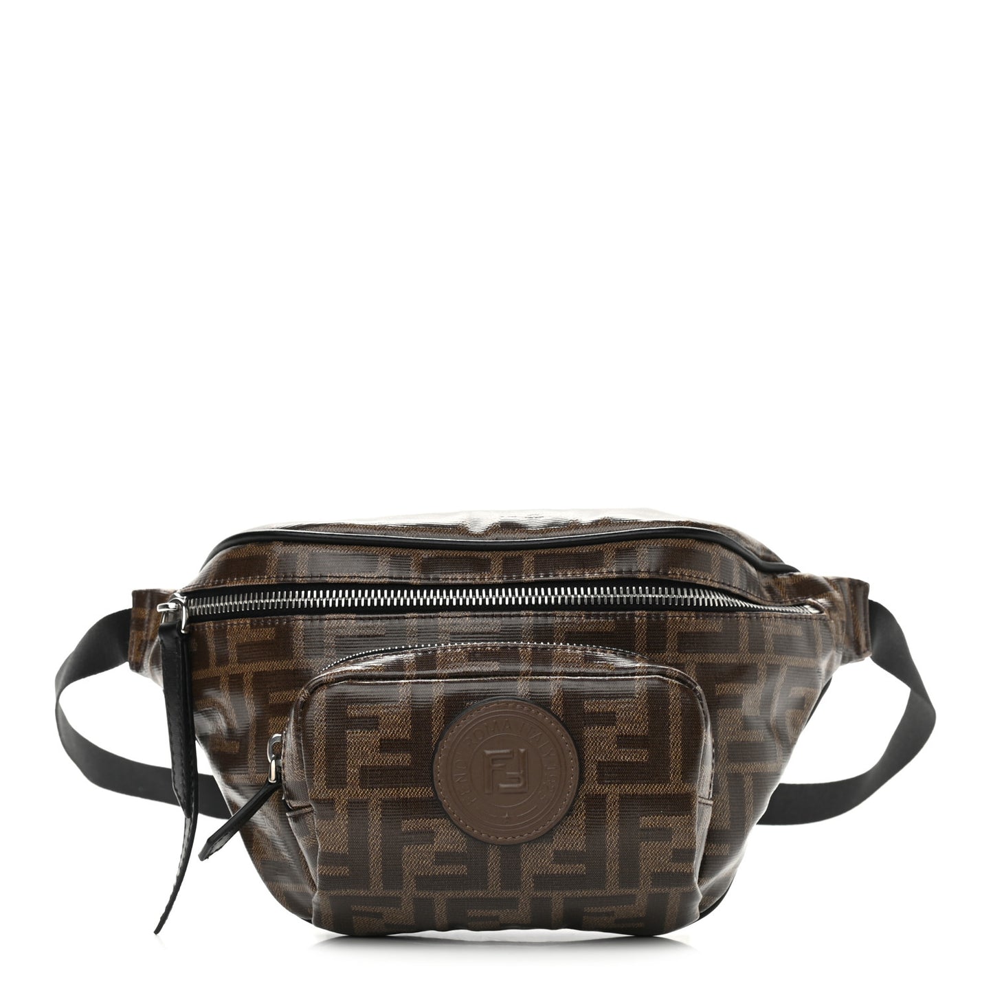 Glazed Fabric Vitello Century FF 1974 Stamp Patch Mens Pocket Belt Bag Mogano Panna Black