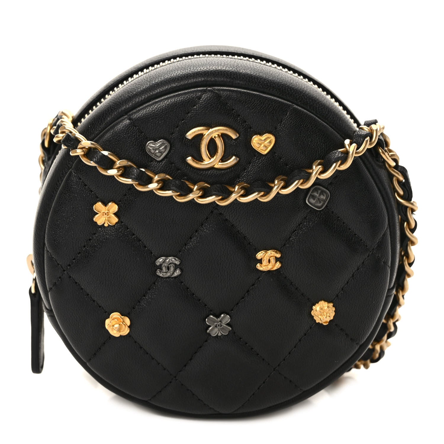 Chanel Lambskin Quilted Studded Round Clutch With Chain Black 1 of 9