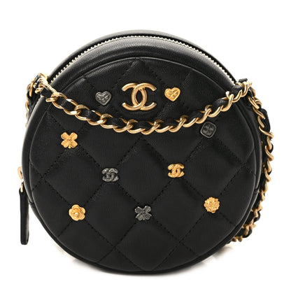 Chanel Lambskin Quilted Studded Round Clutch With Chain Black 1 of 9
