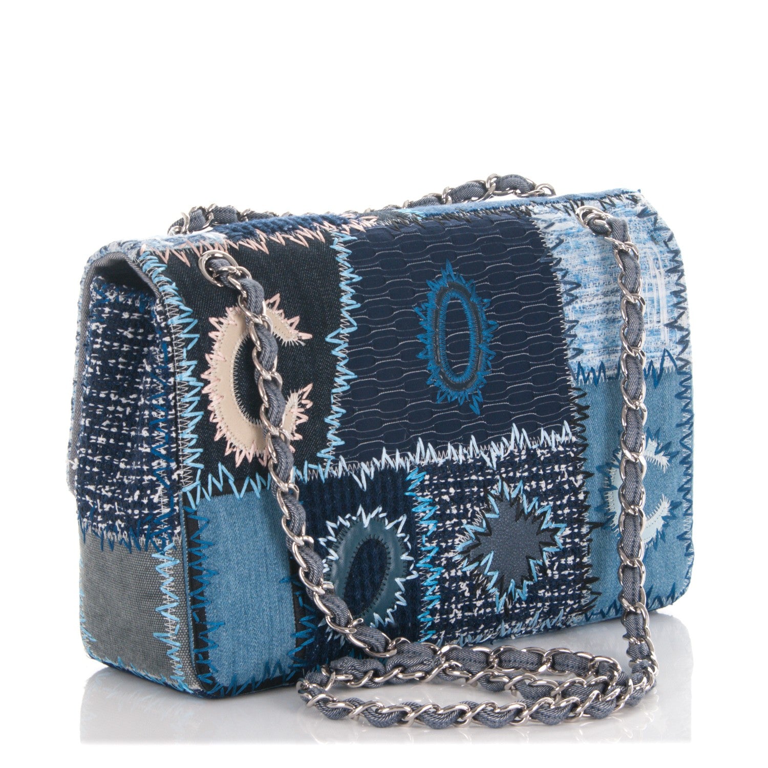 Chanel Denim Tweed Patchwork Jumbo Single Flap Blue 4 of 8
