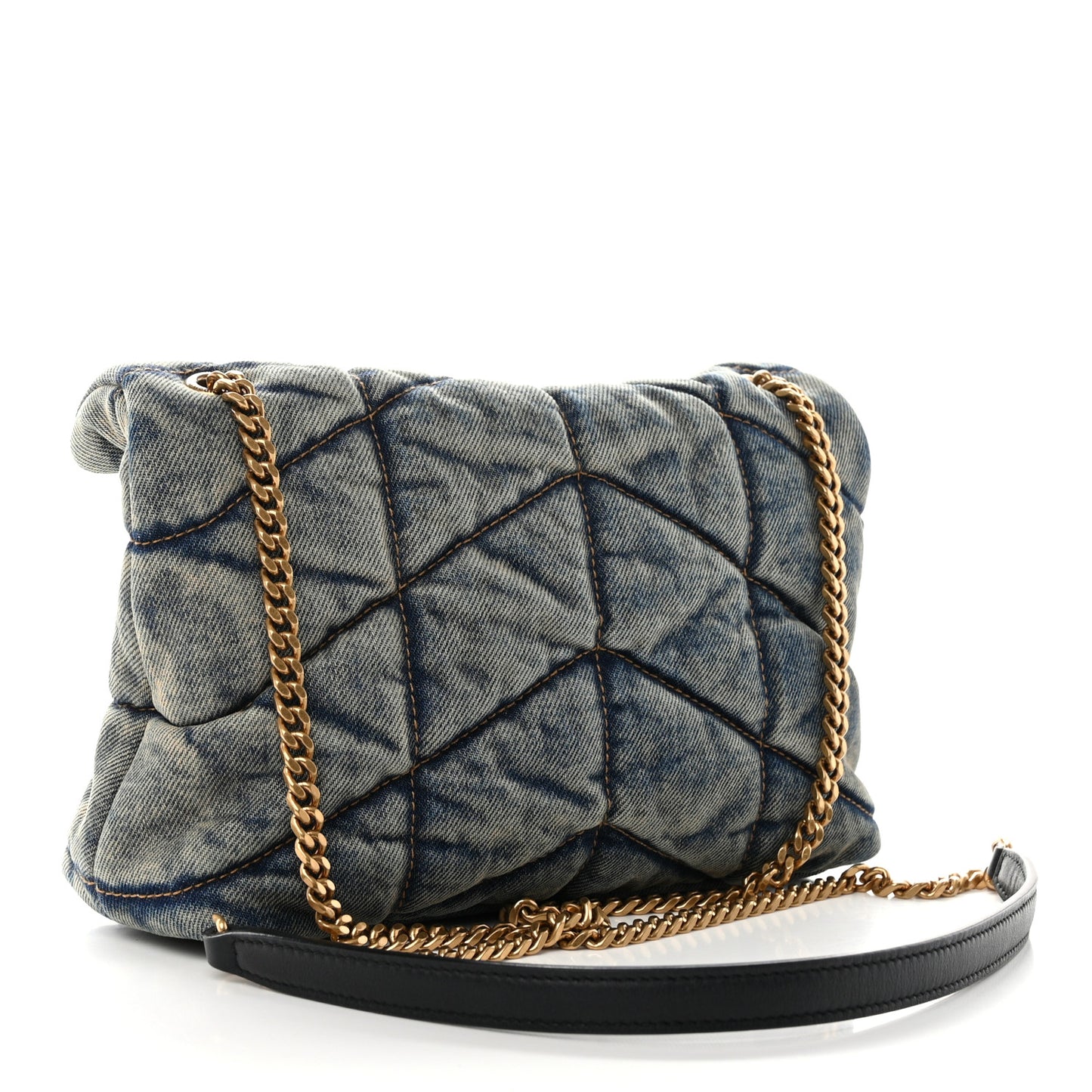 Denim Quilted Toy Loulou Puffer Monogram Chain Satchel Blue Black