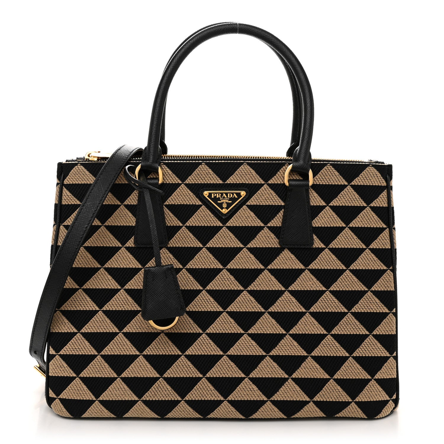 Prada Jacquard Saffiano Triangolo Symbole Embroidered Large Double Zip Tote Black Corda 1 of 11