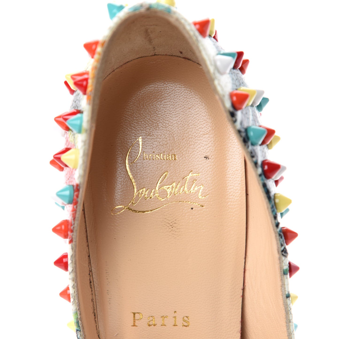 Crackled Calfskin Hawaiian Print Follies Spikes 120 Pumps 38.5 White Multi