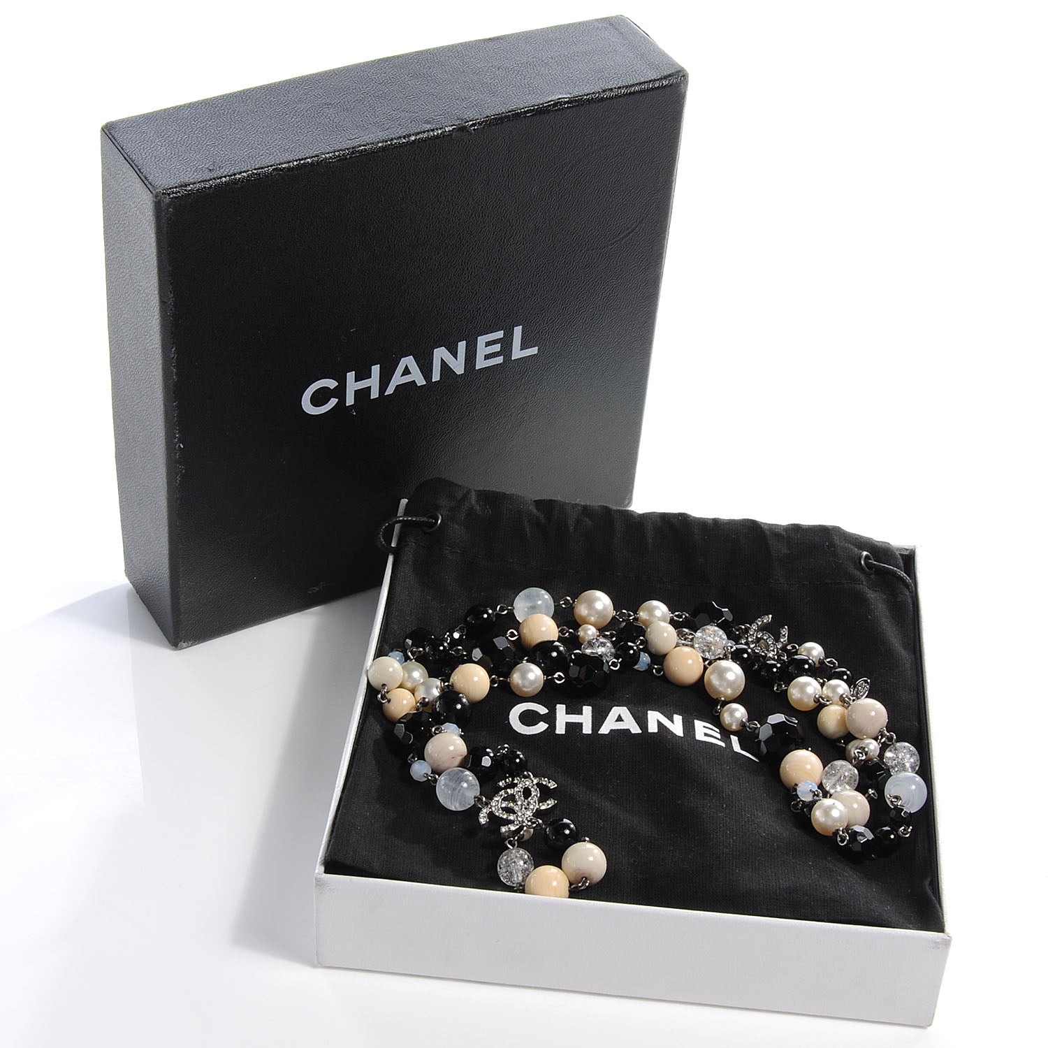Chanel Pearl Crystal CC Beaded Long Necklace Silver 5 of 5