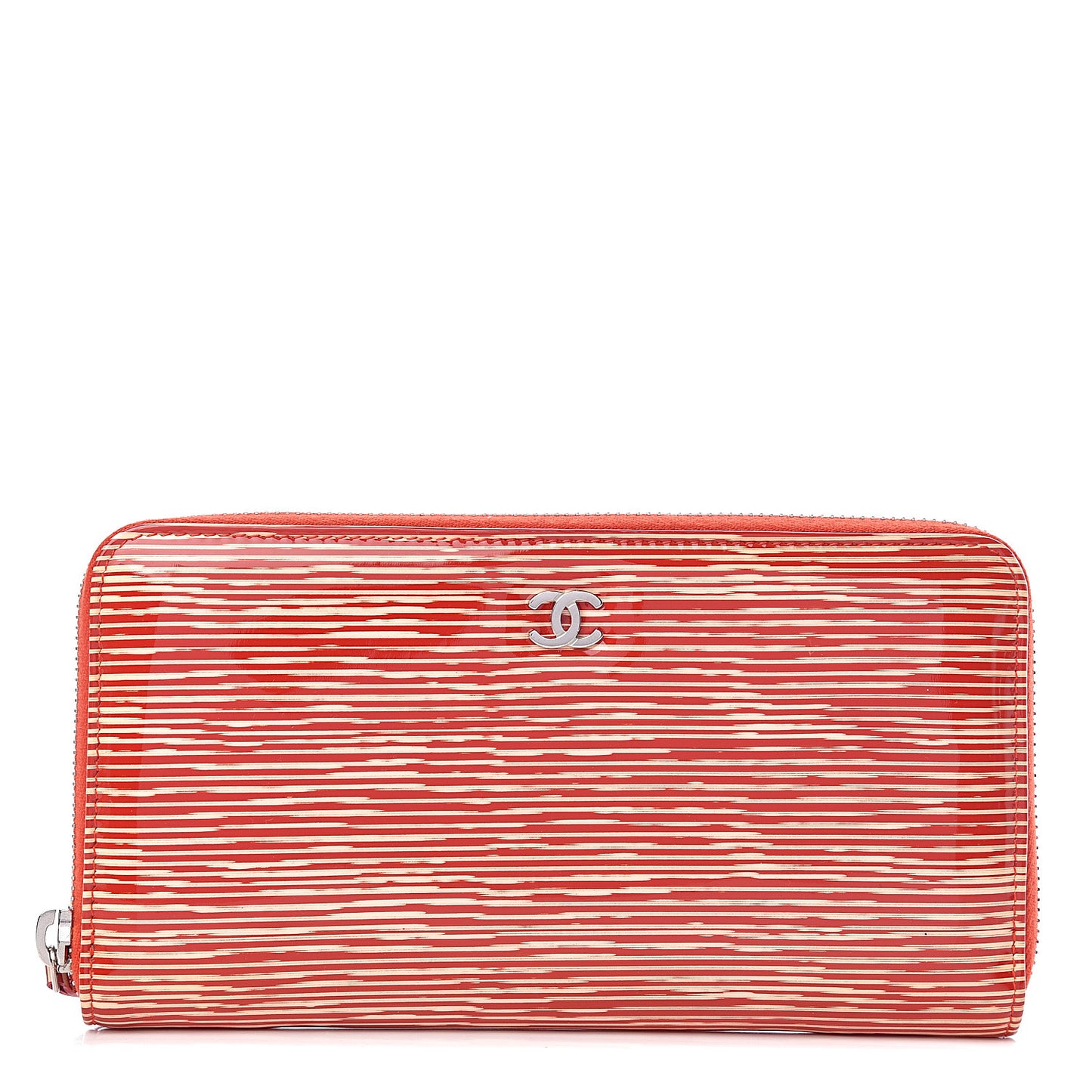 Patent Calfskin Striped Large Gusset Zip Around Wallet Red
