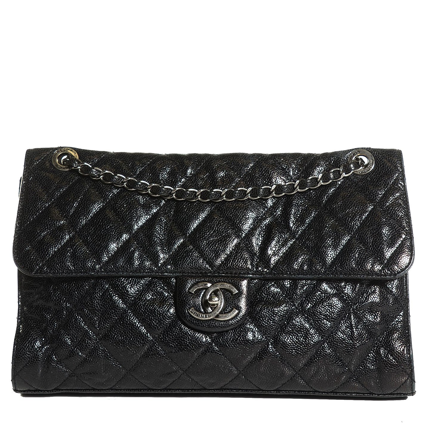 Crumpled Grained Calfskin CC Crave Jumbo Flap Black