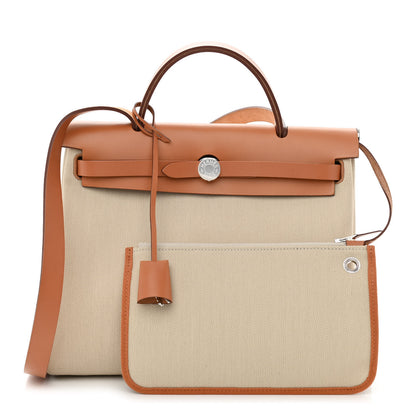 Hermes Military Toile Vache Hunter Herbag Zip Retourne 31 PM Beton Naturel 1 of 12