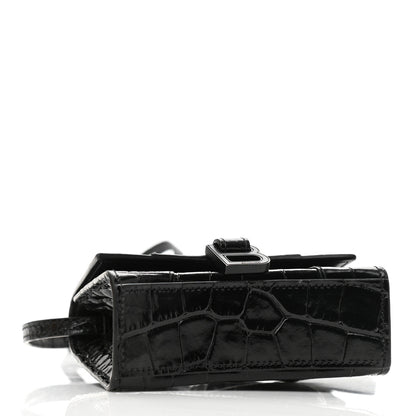 Balenciaga Shiny Calfskin Monochrome Crocodile Embossed Hourglass Top Handle Bag Mini Black 4 of 13