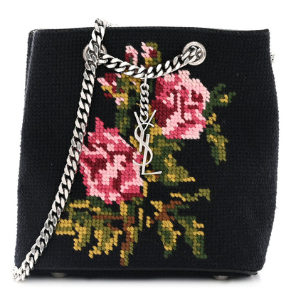 Saint Laurent Woven Wool Embroidered Baby Emmanuelle Bucket Bag Black 1 of 9