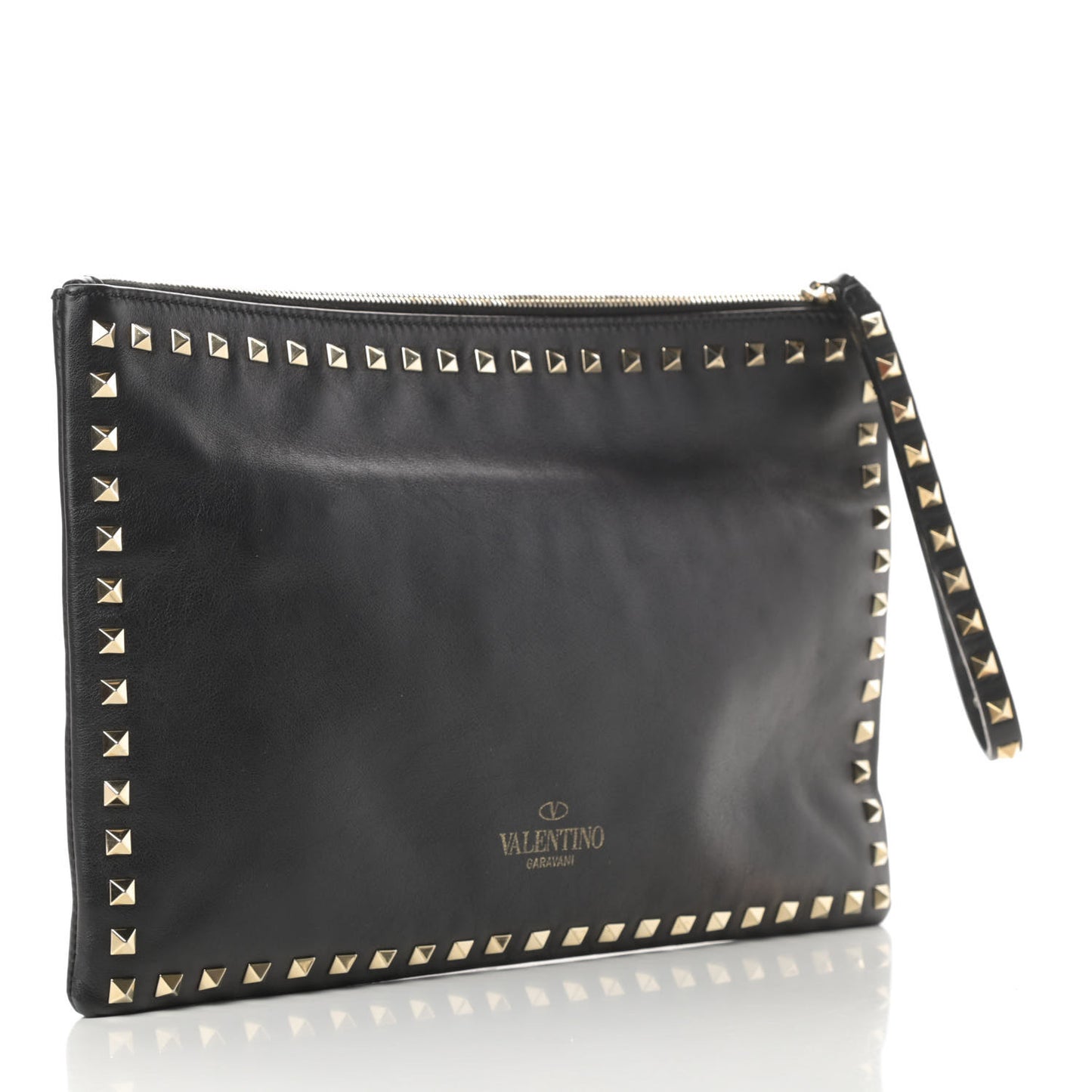Vitello Large Rockstud Zip Wristlet Pouch Black