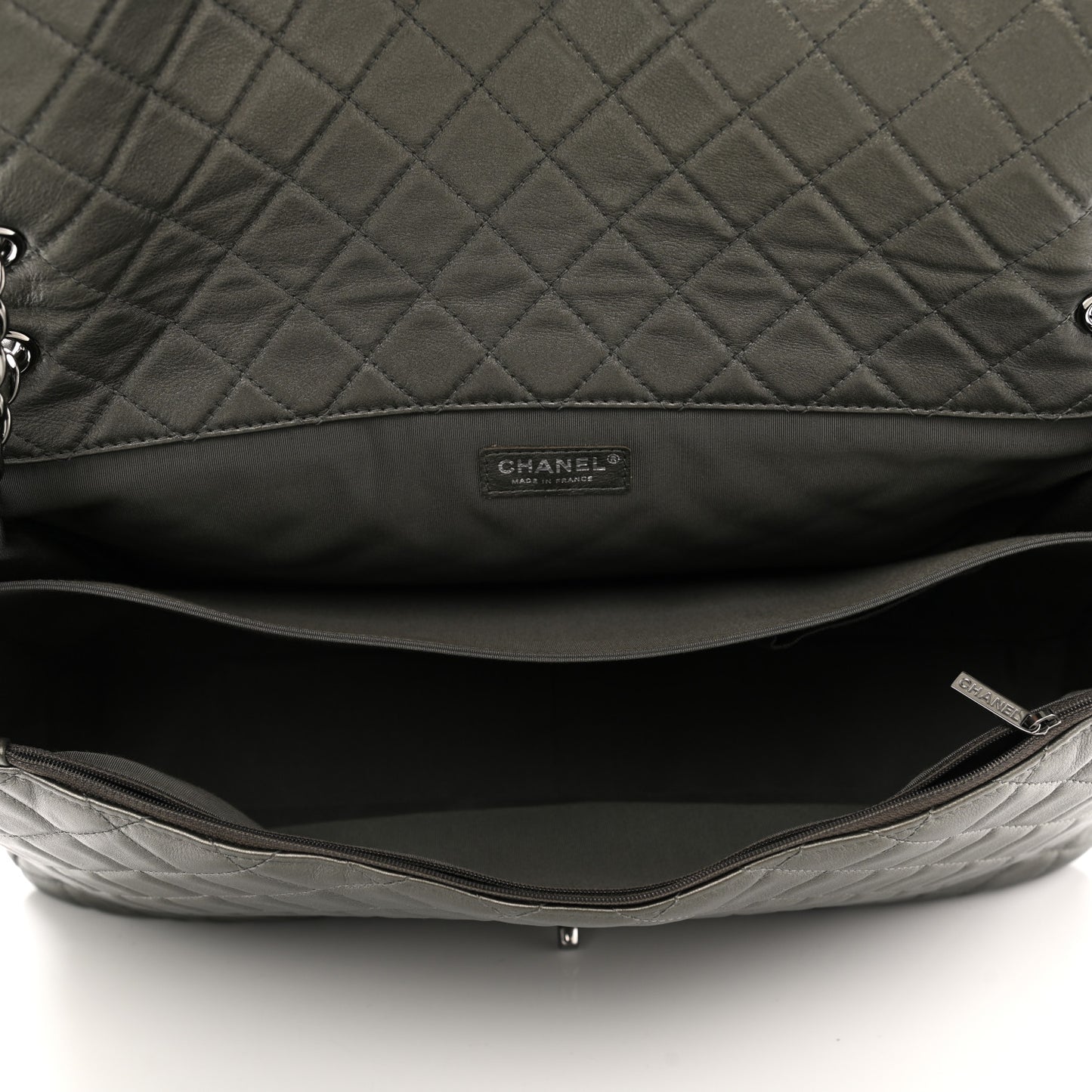 Metallic Calfskin Quilted XXL Travel Flap Bag Dark Silver