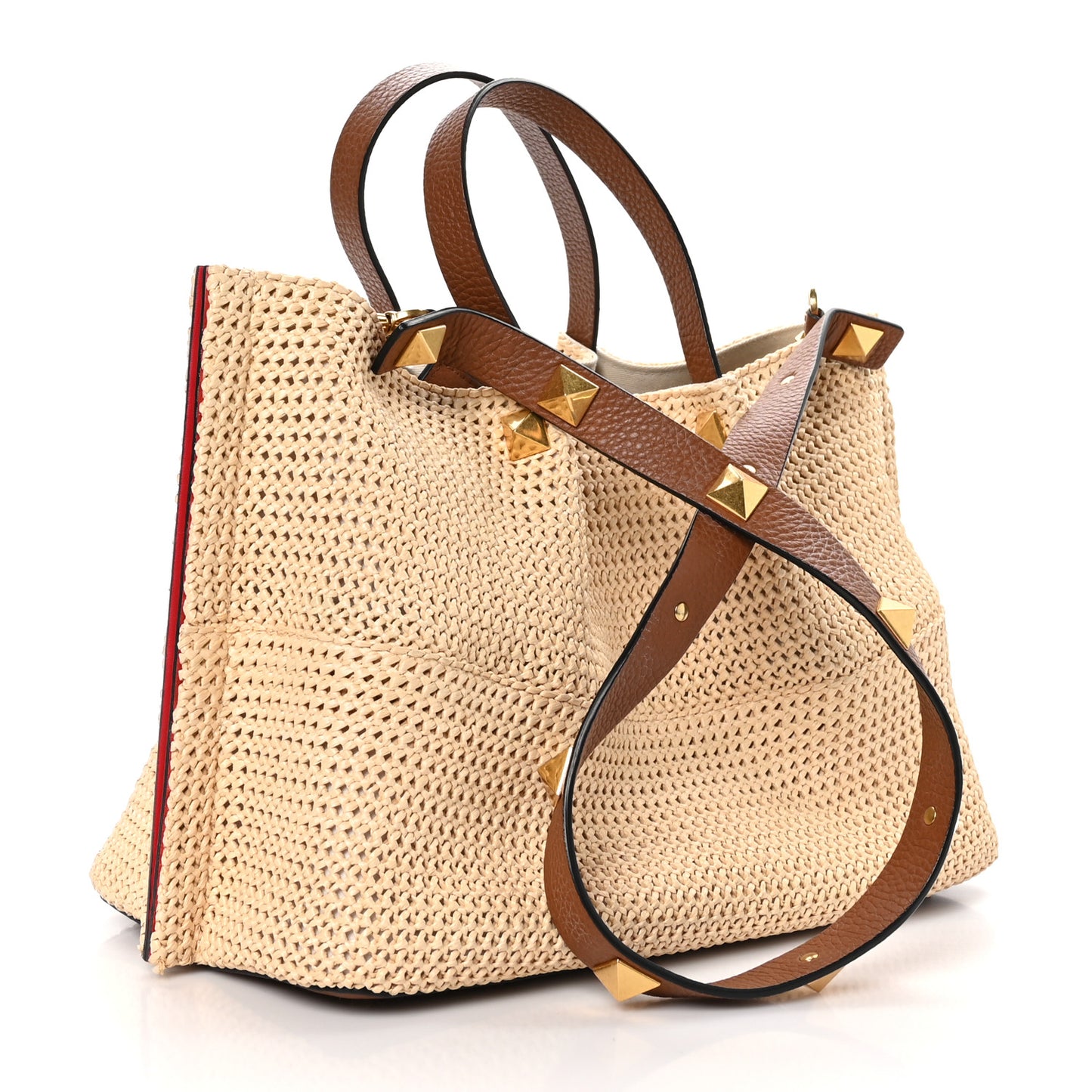 Raffia Grained Calfskin Medium Rockstud Vlogo Tote Naturale