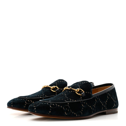 Gucci Velvet GG Monogram Horsebit Mens Jordaan Loafers 10.5 Blue Beige 4 of 9