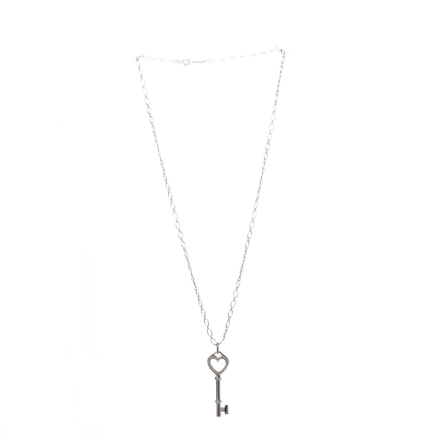 18K White Gold Diamond Mini Heart Key Charm Pendant Link Necklace